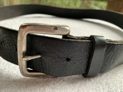 American Eagle Outfitters Belt Men 34-35 Heavy Genuine Leather Black Silver AEO