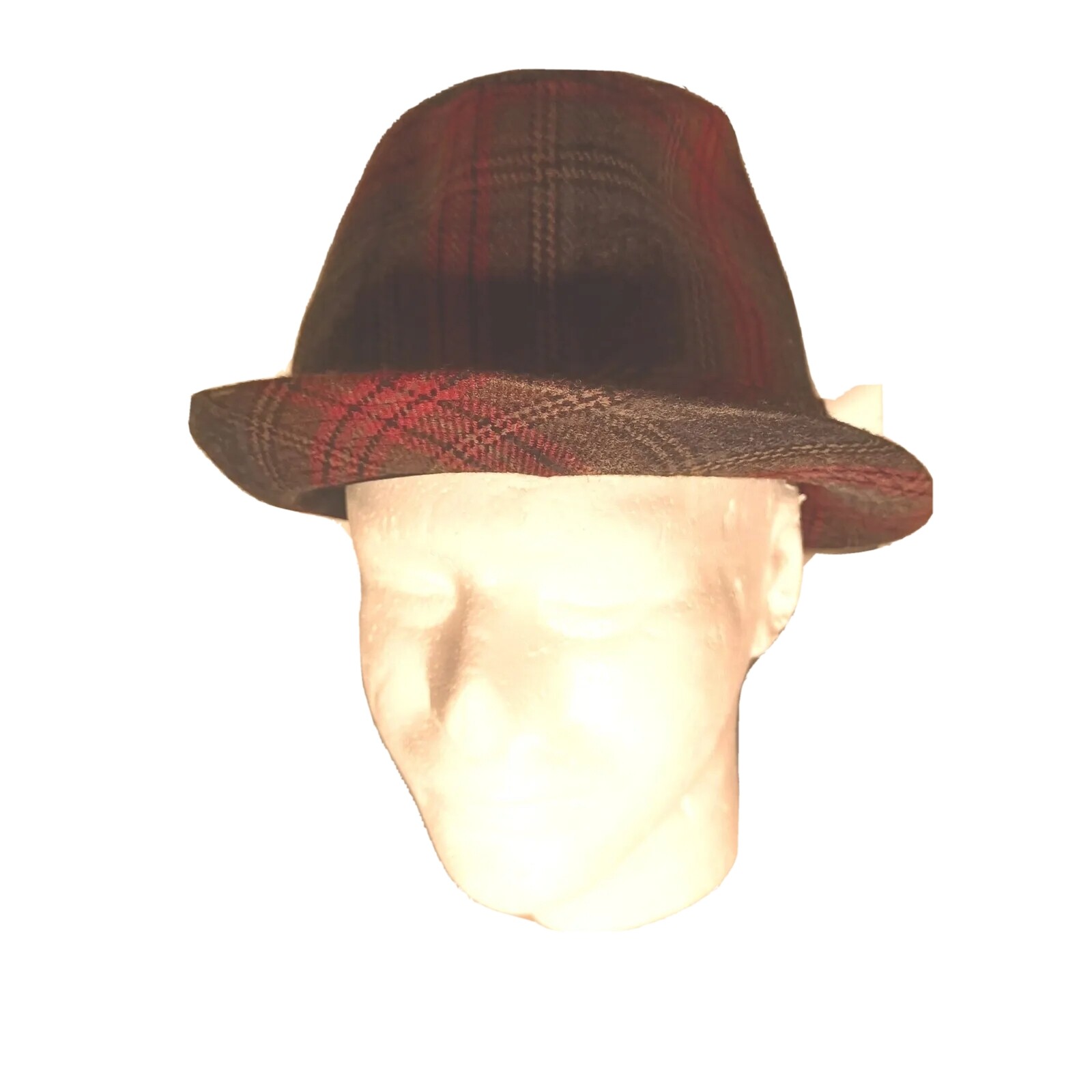 Red Charcoal Plaid Fedora Hat with Short Brim - Size L/XL-image
