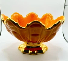 23k Gold Plated Orange Pedestal Compote Candy Dish Vintage Rare