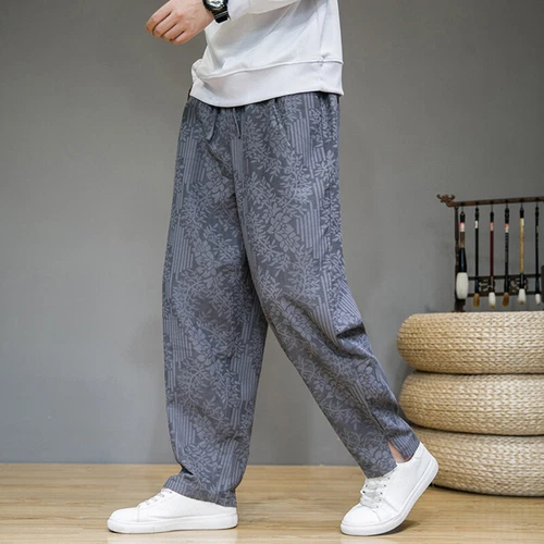 Men Linen Blend Floral Joggers Pants Ethnic Casual Elastic Waist Long Trousers - Picture 12 of 17