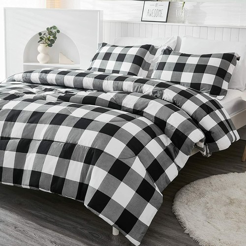 Black White Plaid Buffalo Check Gingham 3 pc Comforter Set Twin Full Queen King - 第 2/6 張圖片