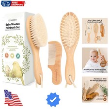 Baby Hair Brush Set for Newborns - Soft Goat Bristle Wooden Baby Brush and Co...