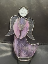 10" Free Standing Pink White Stained Glass Angel Double Halo Holding Songbook