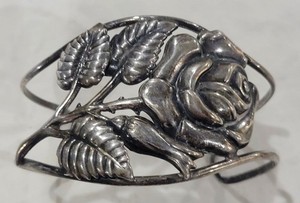 Sterling Silver cuff bracelet with rose and leaf floral design