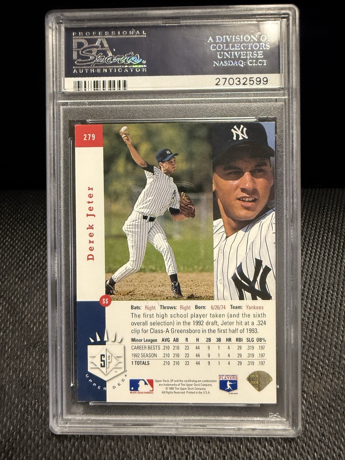 Upper Deck 1993 SP Premier Prospects Foil Derek Jeter #279 PSA 7 Yankees view 2