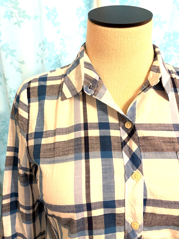 STYLE&CO button down BLUE WHITE PLAID COTTON LINEN SHIRT blouse womens XL B46