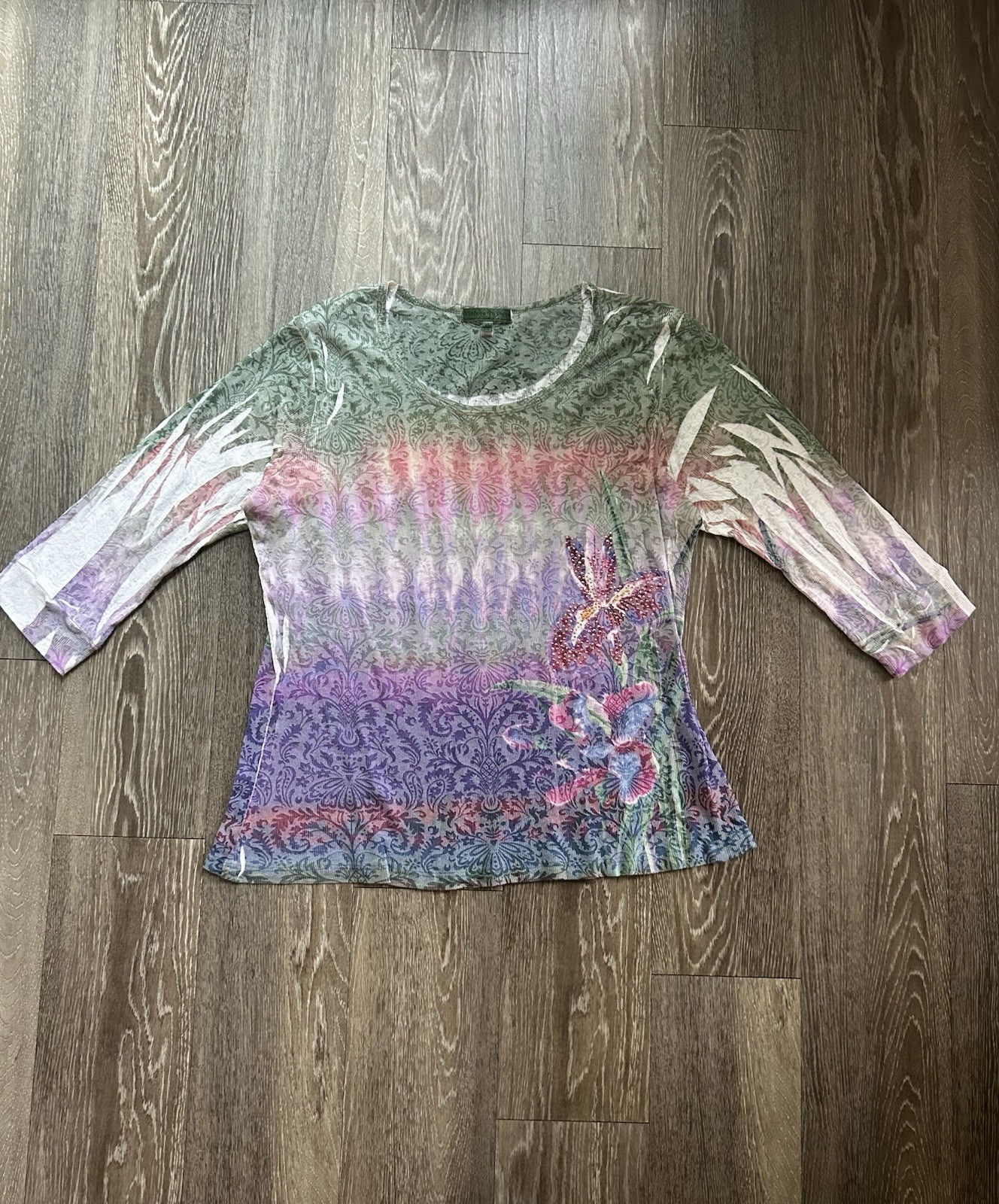 Vintage Suzie Paisley Floral Rhinestone Ombre Top Sz XL Whimsy Fairy Boho Grunge
