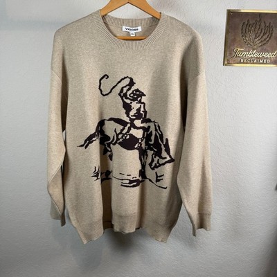 Vigoss Womens XL Cowboy Bronco Graphic Sweater Oatmeal Tan Brown Relaxed