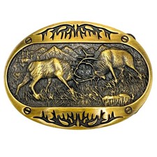 Fighting Bull Elk Belt Buckle Brass Color Oval Outdoor Western Hunting Wildlife