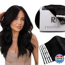 RUNATURE Black Tape in Extensions Real Human Hair 12 Inch Seamless Hair