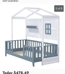 Twin House Canopy Bed Frame w/ Slats Guardrails Shelves, White OSPX-GX002010AAK