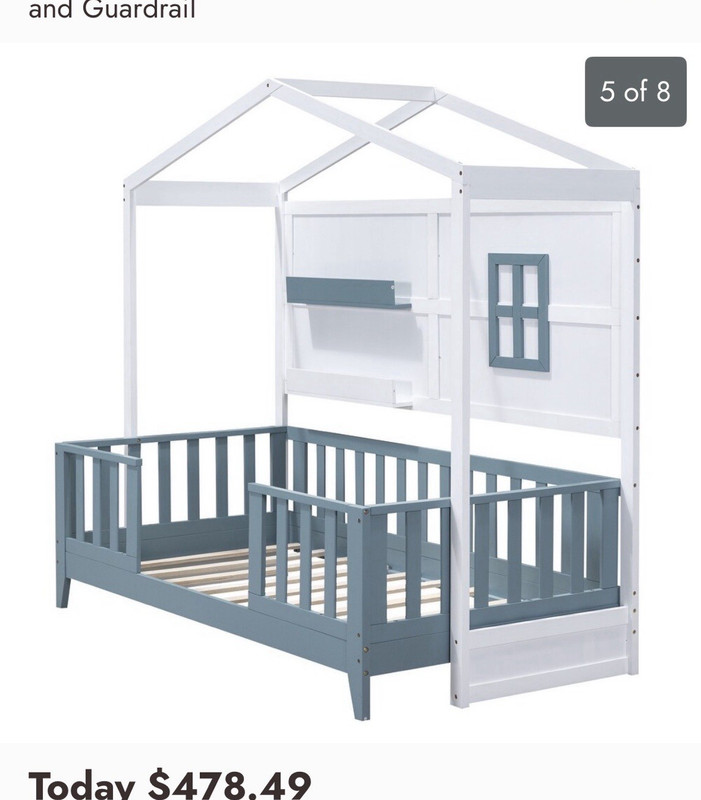 Twin House Canopy Bed Frame w/ Slats Guardrails Shelves, White OSPX-GX002010AAK