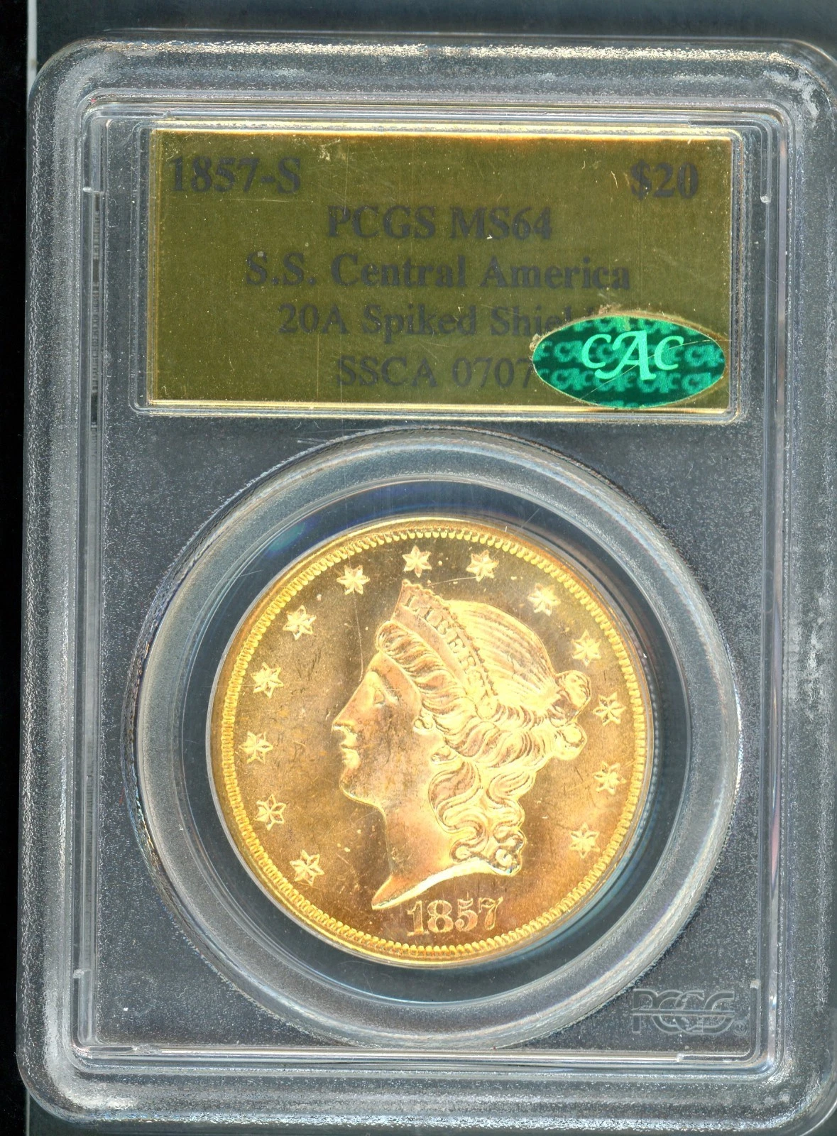 US 1857-S LIBERTY HEAD GOLD $20 SLABBED PCGS MS 64 SS CENTRAL AMERICA 20A