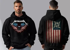 METALLICA AMERICAN FLAG BLACK HOODIE FRONT AND BACK PRINT MEN'S 100% SILK SCREEN