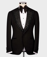 Men's Stylish Embellished Beaded Shawl Lapel Tuxedo Jacket Prom Party Blazer