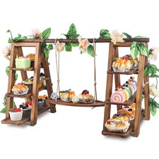 Wooden 3 Tier Cupcake Stand with Swing and Flower Decoration Serving Removabl...