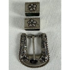 Sterling Silver Mexico 3pc Ranger Belt Buckle Set Hand Engraved Floral 51g