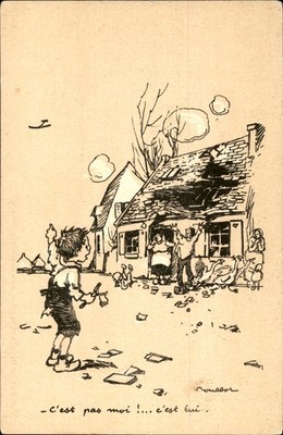 Vintage Poulbot Artist Signed Postcard Boy Slingshot Humor C'est pas moi!