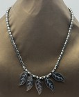 Black Hematite Style Bead Necklace Leaf Pendant Statement Fashion Jewellery