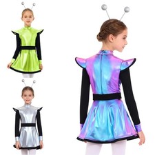 Kids Girls Alien Costume Built-In Shorts Outfit Dancewear Dress Galaxy 2Pcs