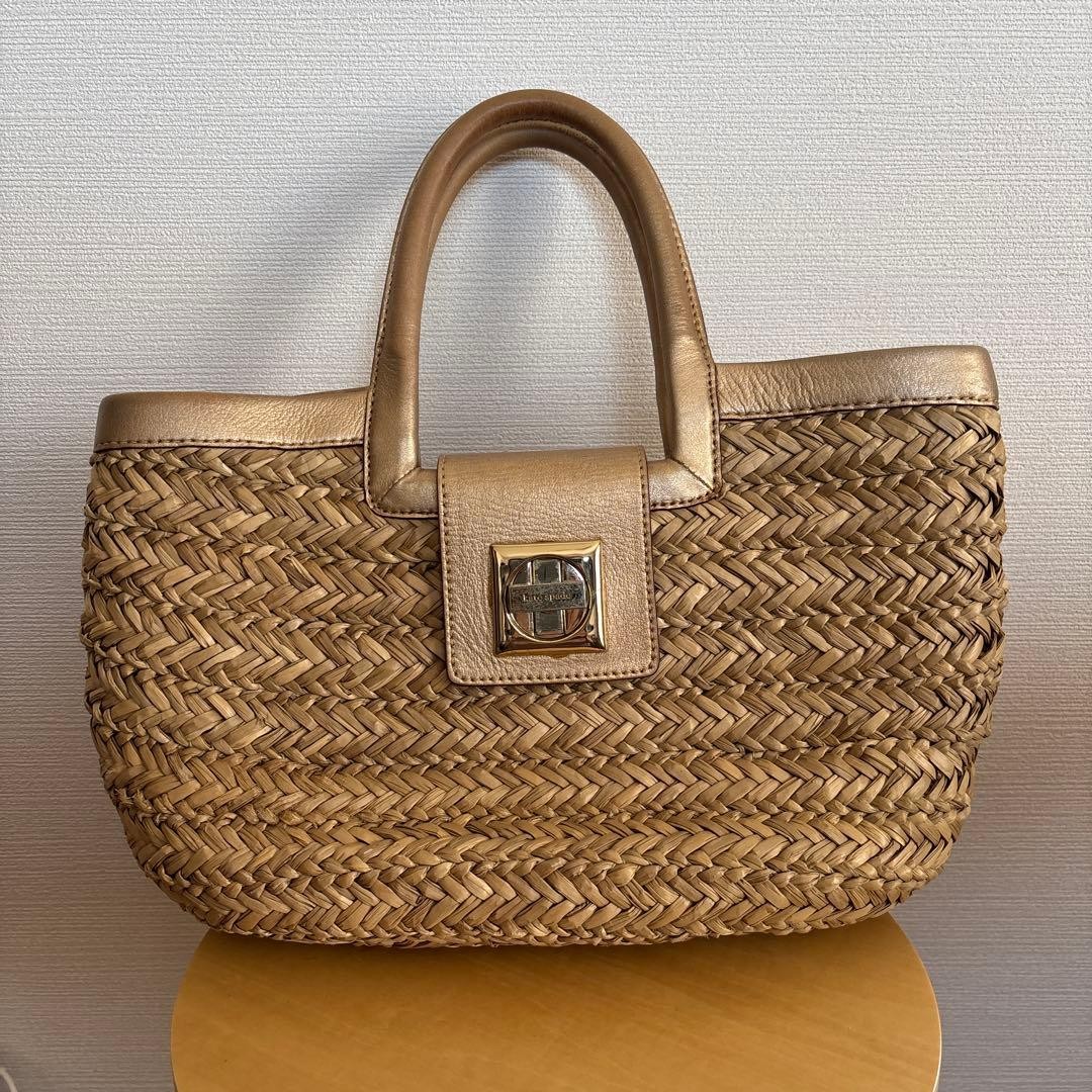 KATE SPADE New York, Straw Basket Bag, Beige / Gold, Leather Handle Strap, Women