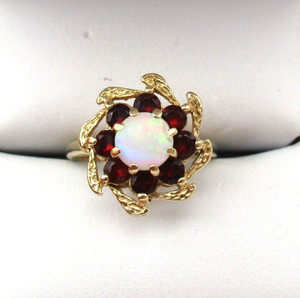 14K Yellow Gold Opal & Garnet Halo Ring Size 5.75 - 6 [R343]