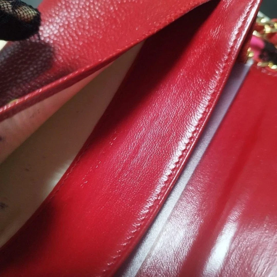 CHANEL Red Caviar Wallet on Chain Gold Pearl Strap Crossbody Purse Used Japan - Image 3 of 4