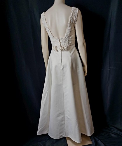 Vintage ELEGANT IVORY BEADED LACE & SATIN Empire Waist EVENING DRESS GOWN - M - Picture 6 of 9