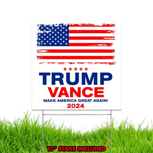 Made in USA, not China! Trump Vance Yard Sign MAGA US Flag 2024 w/Stake 12"X12" - Picture 2 of 5