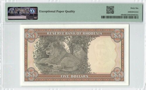 RHODESIA $5 Dollars 1978, P-36b, (20.10.78) Wmk: Rhodes, PMG 66 EPQ Gem UNC - Picture 2 of 2