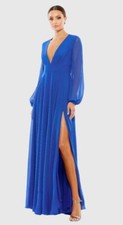 Mac Duggal Blue V-Neck Illusion Long Sleeve Chiffon Gown, 55682, Size 8 Woman's