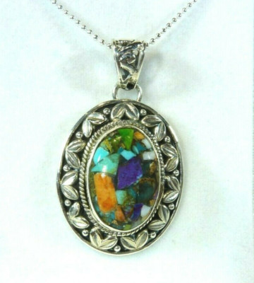 Multicolour Copper Turquoise Solid Sterling Silver Oval Shape Pendant & Chain