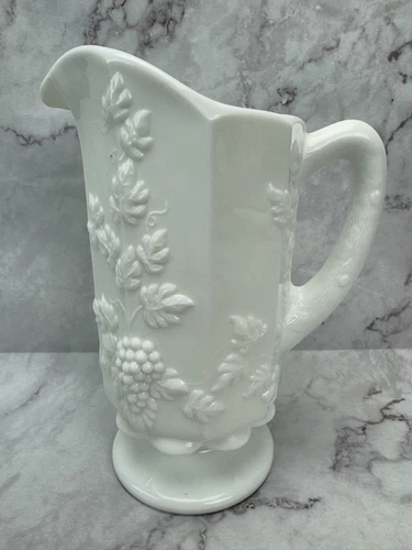 Vintage Westmoreland White Milk Glass Footed Pitcher Paneled Grape 9" Tall