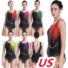 Womens Rhythmic Gymnastics Sleeveless Leotard Shiny Rhinestones Bodysuit