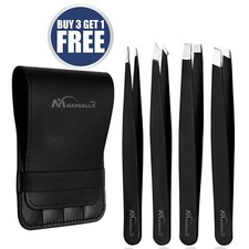 Tweezers Set 4-Piece Professional Stainless Eyebrow Hair Pluckers Case