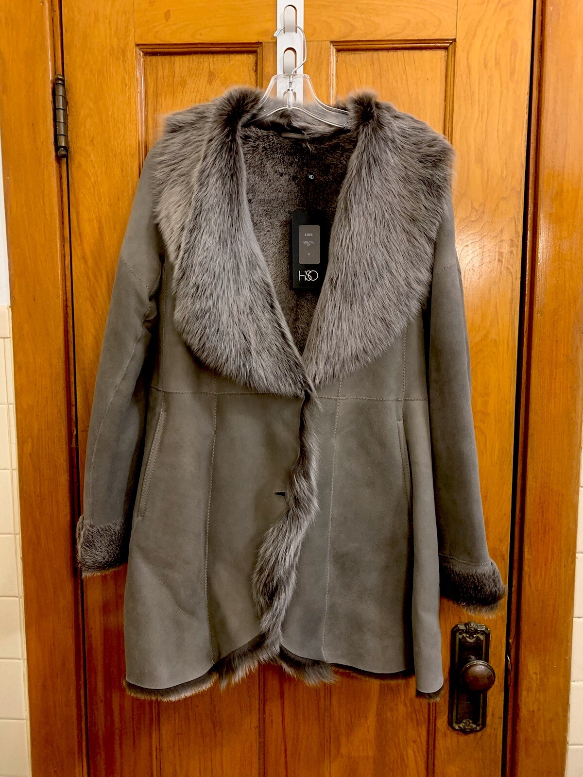 HiSO Cuello Cierre Botón Piel Real Teñida Cordero Shearling Chaqueta Gris Nuevo Con Etiquetas Talla 6