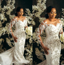 African Plus Size Mermaid Bridal Gowns Sheer Neck Rhinestones Lace Wedding Dress