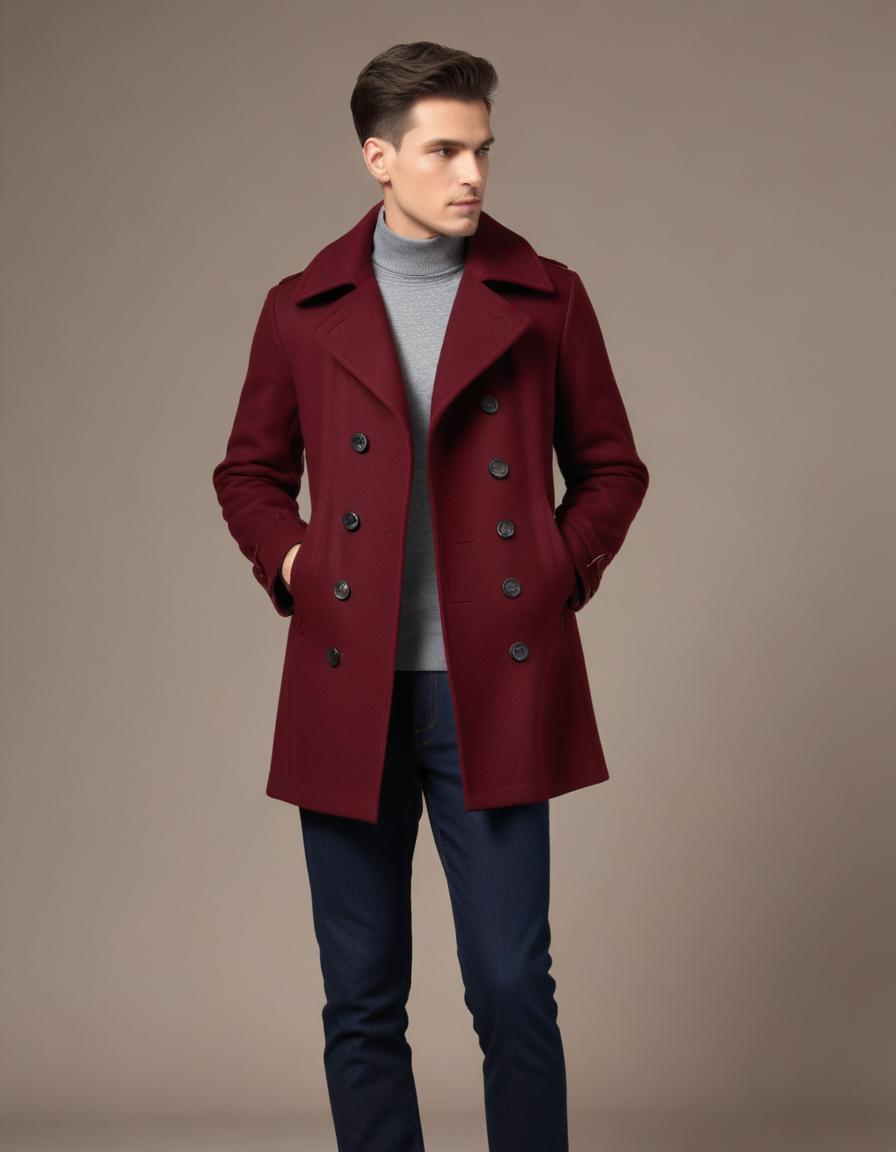 Men's Burgundy Pea Coat Wool Slim fit Double Breasted Winter Mid