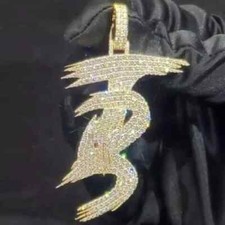 Lab Created Diamond 2Ct Men's Custom "TB" Letter Pendant 14k Yellow Gold Plated