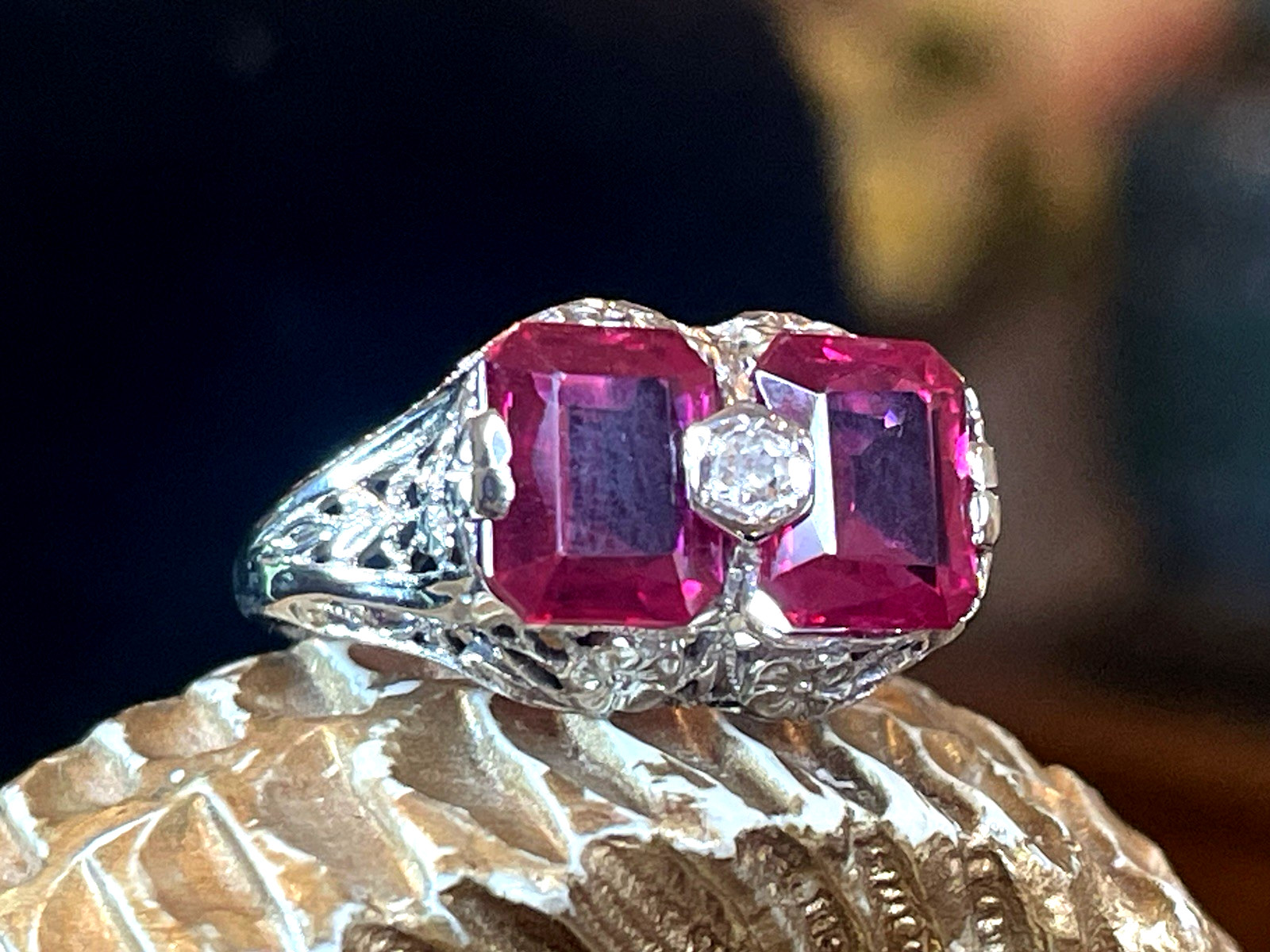 14K WHITE GOLD  LAB CREATED RUBY RING VICTORIAN F… - image 2