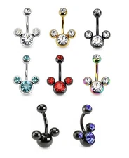 Mickey Mouse Belly Ring Pierced Navel Triple CZ Gem Surgical Steel Piercing