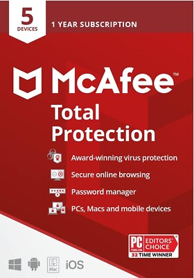 McAfee Total Protection 2025 5 Devices 1 Year Antivirus Security