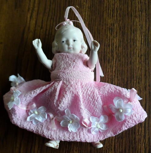 Antik Deutsch Biskus Mini Tasche Mädchen Puppe Draht Gelenk Ornament 4,5 Zoll - Bild 12 von 15