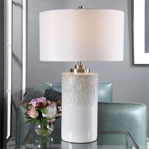 Uttermost Georgios Iron Ceramic and Linen Cylinder Table Lamp in Aged White - Picture 2 of 11