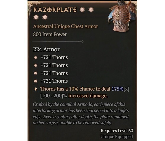 Diablo 4 Season 10 Razorplate 4GA 175% Unique Item Spiritborn