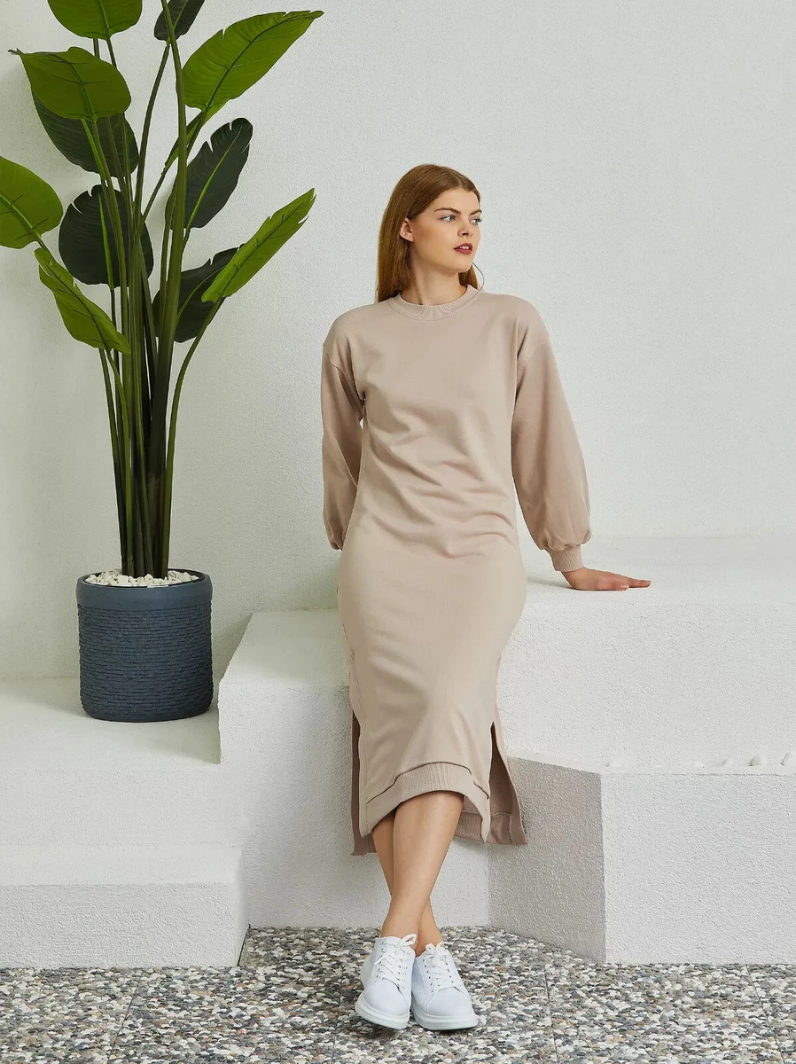 Womens Maxi Dress Cream Long Sleeve Crew Neck Stylish Outfit