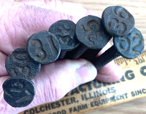 Lot of 7 Vintage Railroad Tie Date Nails Spike Numbered 27, 30, 31, 32,35, 36,52
