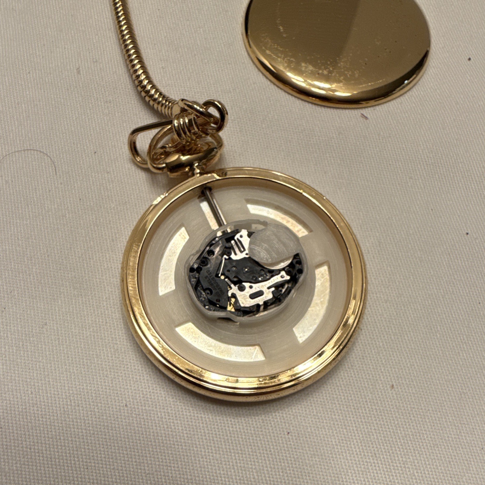 Pokit Romal Limit Quartz Pocket Watch Gold Plated White Roman Dial w/ Chain Papers ...