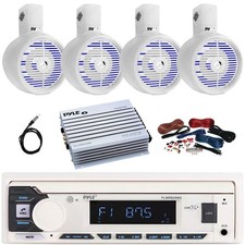Pyle Single DIN Boat Audio Receiver, 4x 6.5" 200W LED Wakeboard Speakers, Amp