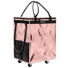 (Medium, Rose Gold) Reusable Grocery Bag on Wheels, Foldable Rolling Tote